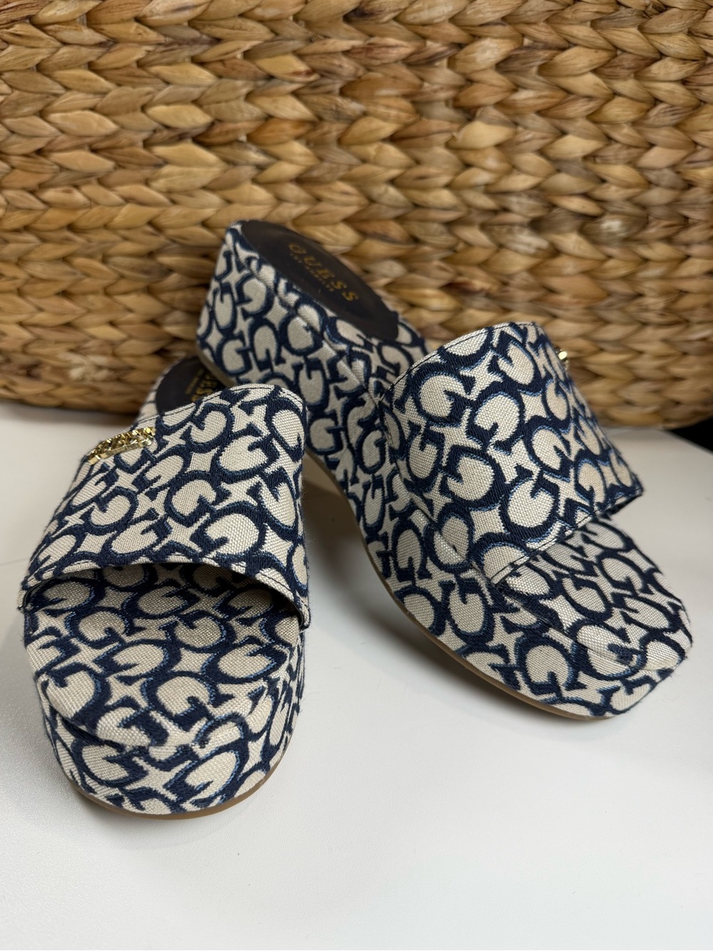Guess with Gold Logo Navy and Cream Patterned Slide Mules